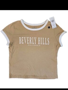 NWT Hollister Beverly Hills California Ringer Tee Shirt Camel Tan White Small S